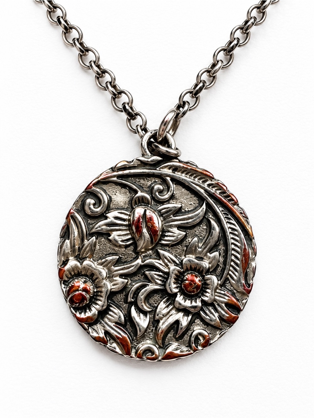 Lucky Brand Silver-Tone Floral Round Pendant Necklace with Red Accents
